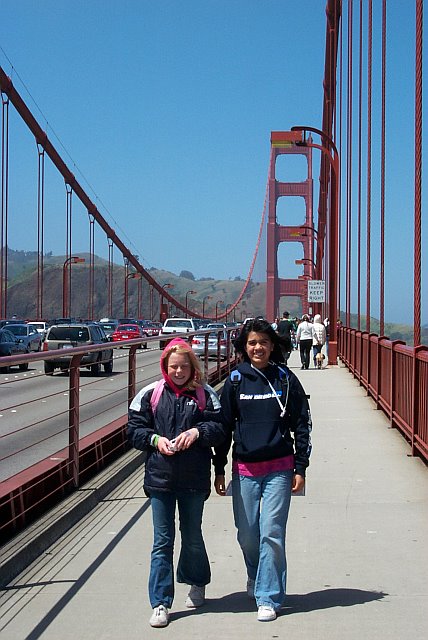 walking across the bridge